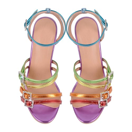 sexytag Women's Rhinestone Buckle Metallic Ankle Strap Strappy High Heel Sandals Multicolor Open Toe Party Stilettos Heels3