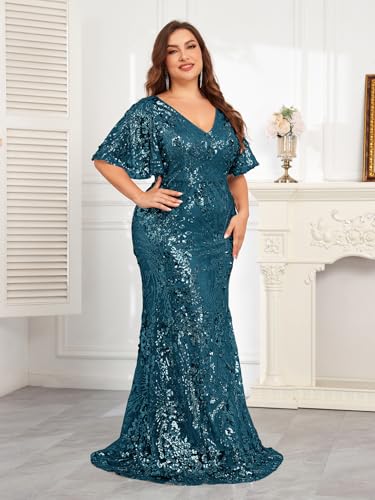 Image of Plus Size Glamous Short Sleeves Womens Sequin Dress Formal Gowns Evening Glitter Mermaid Prom Dress
