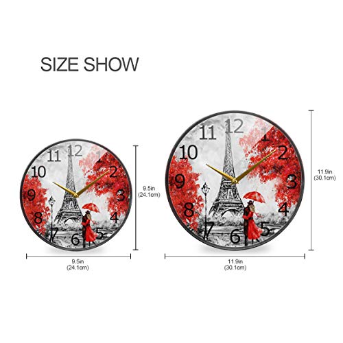 Alaza Oil Painting Paris European Eiffel Tower Red Tree Acrylic Painted Silent Non-Ticking Round Wall Clock, 12 Inch Battery Operated Quiet Bathroom Clock For Living Room Bedroom Kitchen Decor #TOP1