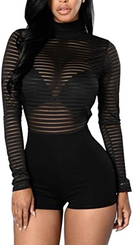 Blansdi Women Mock Neck Stripe Mesh See Through Backless Clubwear Party Bodycon Short Jumpsuit Romper