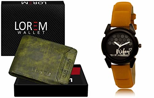 Image of LOREM Green Color Faux Leather Wallet & Black Analog Watch Combo for Men & Women | WL27-LR235