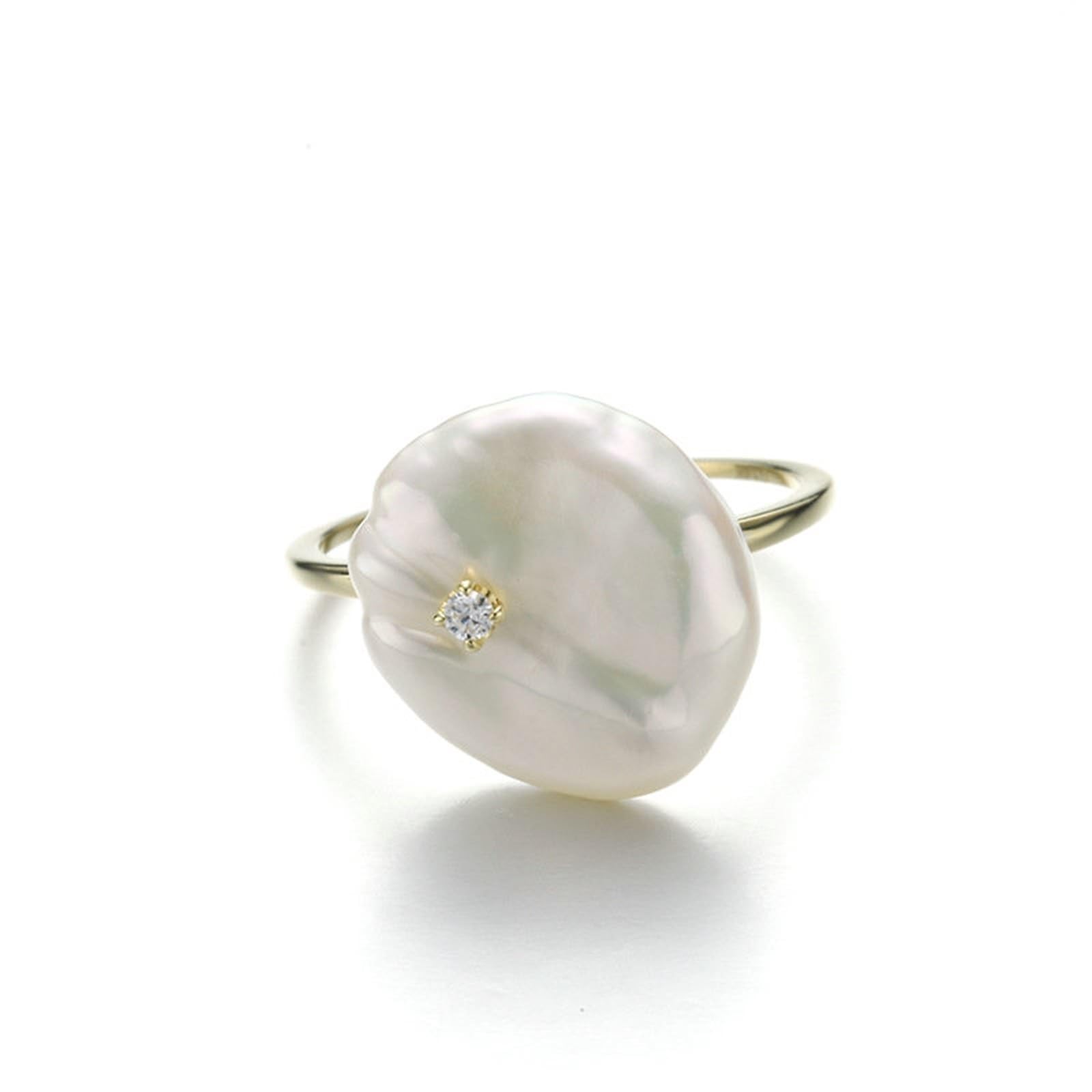 Goldring Damen 585 Echtgold 14K Ehering Weiß Perle Irregulär, Matching Rings mit Perle Diamant Ringe Frauen