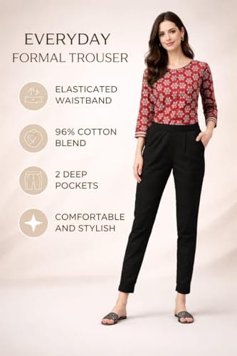 Image of DIGITAL SHOPEE Women Regular Fit Elastic Waist Full Length Cotton Formal Trouser for Casual Wear, Office Wear