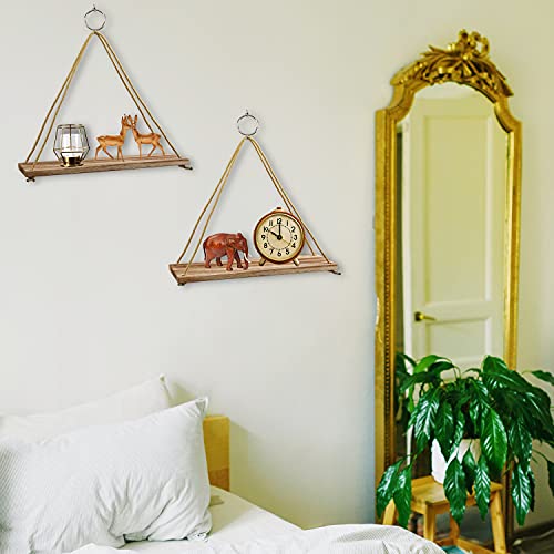 Pozean Hanging Shelves 3 Pack Wooden Floating Wall Shelves, Hanging Plant Shelf, Boho Wall Decor Shelves For Bedroom, Plants, Living Room, Office (Included 6 Ropes 3 Rings 3 Hooks And Anchors) #TOP3