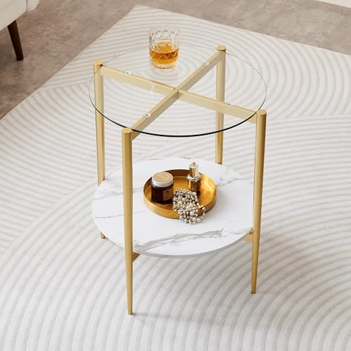 LumFurn Round Glass End Table, Mid-Century Modern Design Sofa Table