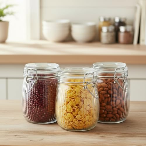 Image of ginoya brothers Airtight Glass jar with lid Storage Containers,Glass Canister, Mason Jars, Small Striped Clip Fastening Jar for Kitchen Canning, Overnight Oats, Pickle, Spice. (3, 750 ML)