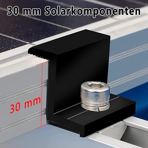 𝟐𝟎 𝐒𝐭ü𝐜𝐤 𝟑𝟎𝐦𝐦 Solarmodul Halterung Endklemme kit：Aluminiumlegierung PV Modul Endklemmen Mit Muttern und Schrauben für Photovoltaik Montageschiene Befestigung Solarpanelen (Schwarz)