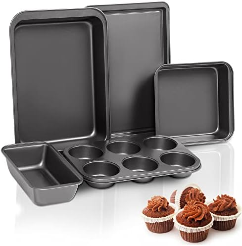 LINKLIFE 5-Piece Stackable Baking Pans Set, Nonstick Steel Bakeware Set, Cookie Sheet, Square Cake Pan, Muffin Tins, Loaf Box, Deep Toaster Oven Tray for New Home Kitchen Supplies