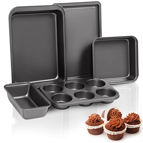 Linklife 5-Piece Stackable Baking Pans Set, Nonstick Steel Bakeware Set, Cookie Sheet, Square Cake Pan, Muffin Tins, Loaf Box, Deep Toaster Oven Tray For New Home Kitchen Supplies #TOP17
