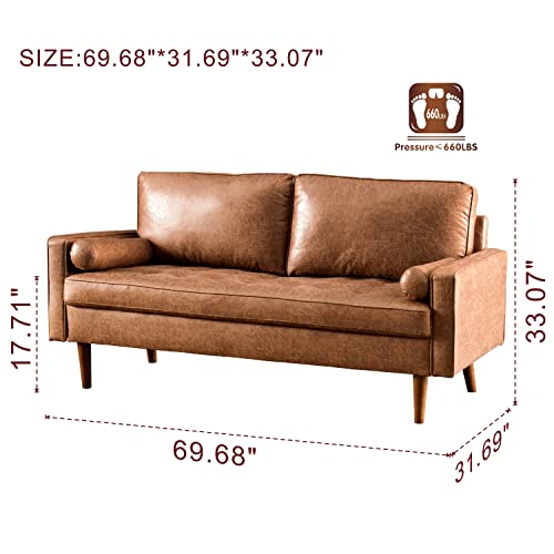 Xizzi Rivet Aiden Mid-Century Modern Faux Leather Loveseat Sofa With Wood Grain Legs For Living Room,69.68" W Brown #TOP1