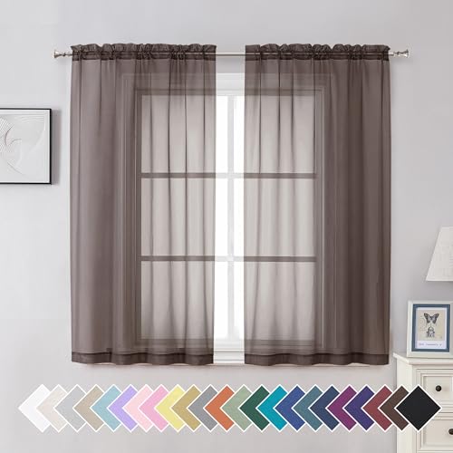Aiyufeng Chocolate Sheer Curtains 54 Inches Long 2 Panels, Solid Voile Top Dual Rod Pockets Stylish Breathable Drapes Window Treatment for Kid's Room/Bedroom/Living Room, 42W x 54L, Chocolate Brown