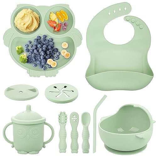 Bnditeu Baby Weaning Set, Silicone Feeding Set(10 Pcs), Toddler Set with Adjustable Bib, Suction Bowl, Plate, Fork, Spoon, Water & Snack Cup Kit, Led Kit for Babies, and Kids Green GJTZ-04 by Bnditeu - Used condition - US$17.96