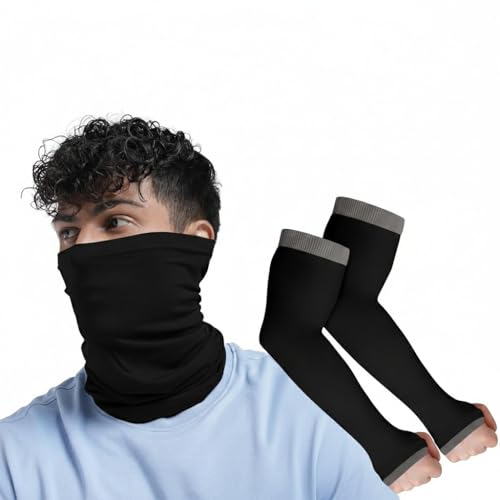 Image of Combo (2in1) bandana & hand cover arm sleeves for men women bike | UV UPF 50 hand gloves for sun protection with Thumb Holes | Odour-free & Breathable Soft Lightweight Face Mask for Riding