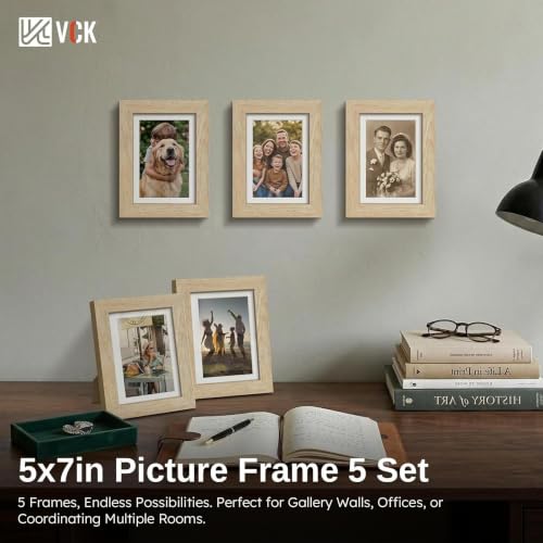 Image of VCK 5x7 Picture Frame 5 Pack, Natural Wood, 4x6 Mat, Glass, for Photo Print