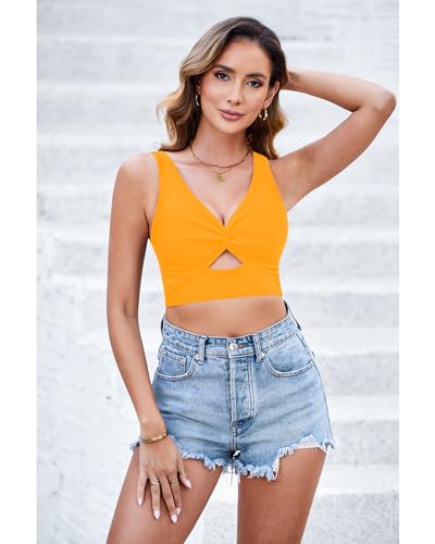 Image of GRAPENT Bikini Tops for Women Cropped StrapCore Tankini Tops Beach Padded Knot Twist Cut Out Adjustable Swimwear Top Only