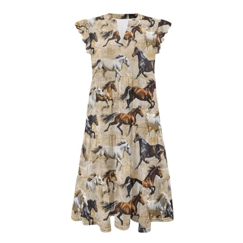 Image of Women's Casual Ruffle Sleeve Dress V Neck Pullover Dress Flowy A-Line Pleated Lightweight Dress with Pockets