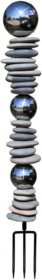 Zen Garden Ourdoor Decor - 32" Rock & Stainless Steel Sphere Sculpture Stake, Modern Yard Art for Landscape, Patio, or Pathway