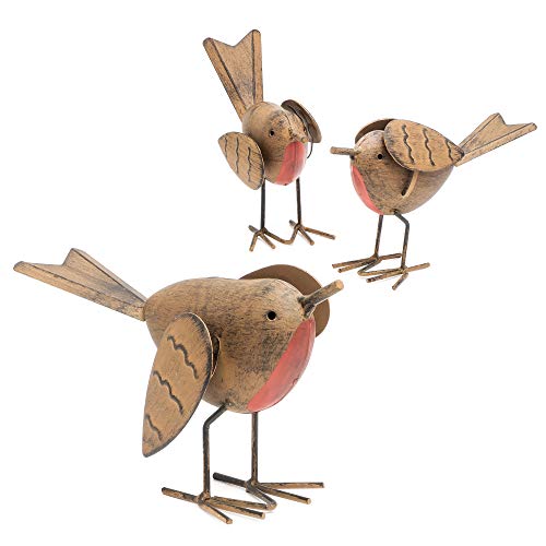 GloBrite 3pc Robin Redbreast Metal Bird Set Highly Detailed Rustic Garden Ornaments Fun Christmas Decoration Indoor Or Outdoor Use