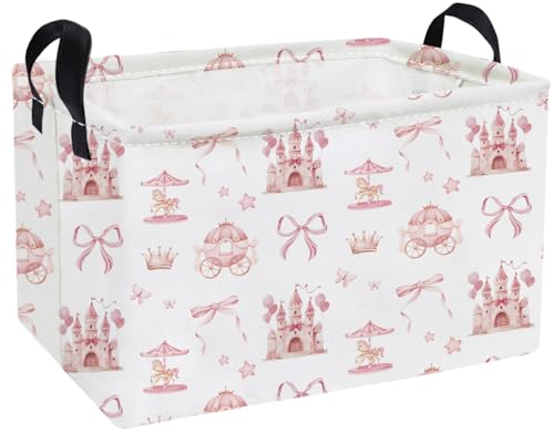 Image of Essme Rectangular Pink Baskets,Girls Storage Box,Cute Basket for Kids with Handles for Room Decor, Book Bins,Shelf Basket.(Castle)