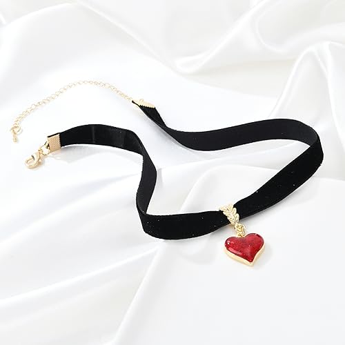 Vintage Black Choker Necklace for Women, Velvet Drip oil Red Heart Black Choker, Valentines Day Halloween Cosplay Party Jewelry, Adjustable Length from 10-14 Inches3