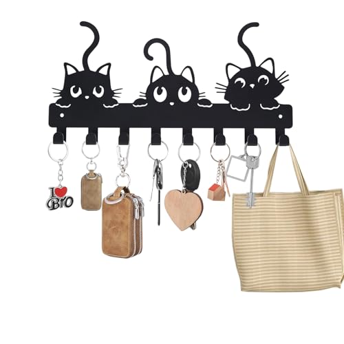 YAYANGATMG Key Hooks Holder for Wall Mounted with 8 Hooks Black Cute Cat Key Hanger Rack Wall Decorative for Home with Mounting Hardware Dog Leash Holder Entryway Hallway Office Ready to Hang