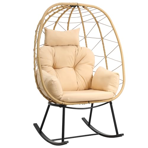 DWVO Wicker Rocking Egg Chair, Oversized Indoor Outdoor Rattan Rocking Chair, Indoor Outdoor Lounger for Patio, Backyard, Living Room, Beige