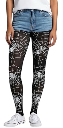 Image of ToBeInStyle Women's Spiderweb & Crawling Spider Print Hosiery Tights & Thigh High Stockings