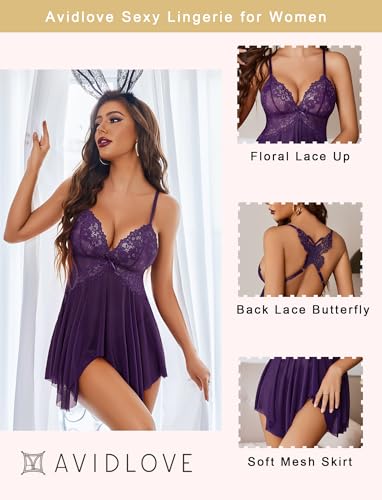 Image of Avidlove Sexy Lingerie for Women V-Neck Lace Babydoll Mesh Chemise Sleepwear Boudoir Outfits