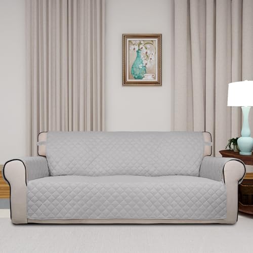 Image of PureFit Reversible Quilted Sofa Cover, Water Resistant Slipcover Furniture Protector, Washable Couch Cover with Non Slip and Elastic Straps for Kids, Dogs, Pets (Sofa, Light Gray /Light Gray)