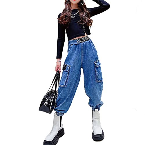 Kids Girls High Waist Lounge Harem Denim Pants Fashion Loose Fit Cargo Pants Casual Jeans Dungarees with Pockets