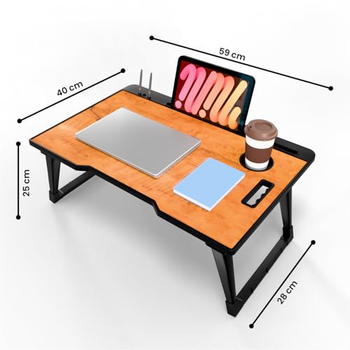 Image of Foldable Wooden Mini Laptop Table for Bed, Study Table with Drawer, Tablet /Mobile Holder for Kids & Adults (COTTED Wood)