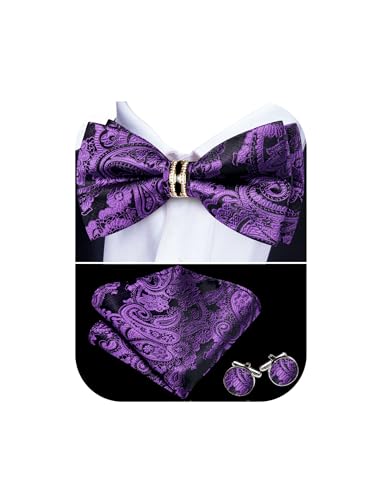 Image of YOHOWA Mens Bow Tie Set Paisley Pre-tied Bowties Adjustable with Handkerchief Cufflinks Gold Ring Set Wedding Prom Party