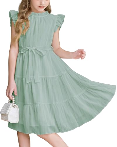 Arshiner Vestidos para Niña Ververano Mangas Volantes Vestido Festivo Pascua Niños Vestido Midi Informal Fiesta Infantiles Vestidos Escolares Cinturón 10 11 Años