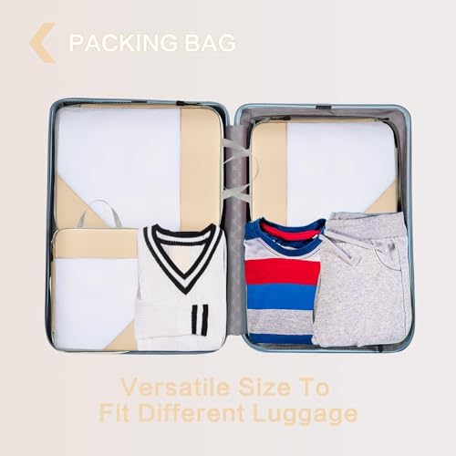 Image of House of Quirk Polyester Compression Packing Cubes for Travel, 4 Set Organizer Compressible Essentials (Beige)