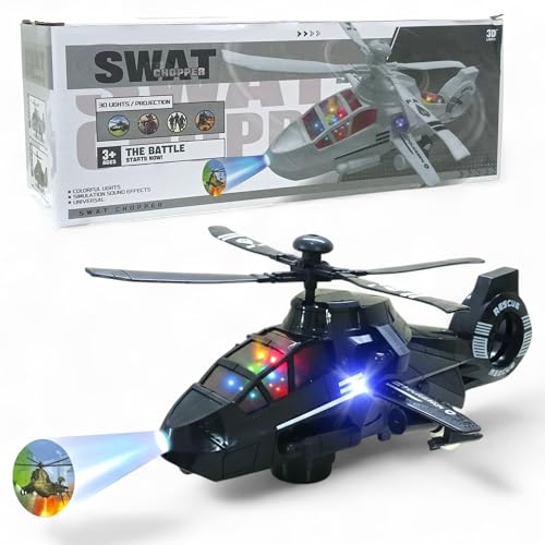 Image of SHAKTISM SWAT Police Helicopter Toy with 3D Lights, Music, Projection Function, Black, Battery Operated, 360 Rotatable Wheels for Kids -1Pc - Random Colour