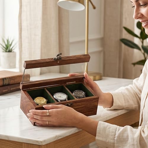 Image of Royal Craft Expertise Mens watch box, Watch display case, Indian Rosewood watch box case organizer for men, Velvet lining glass lid, Solid Gift for Him, Made for Special Occasions