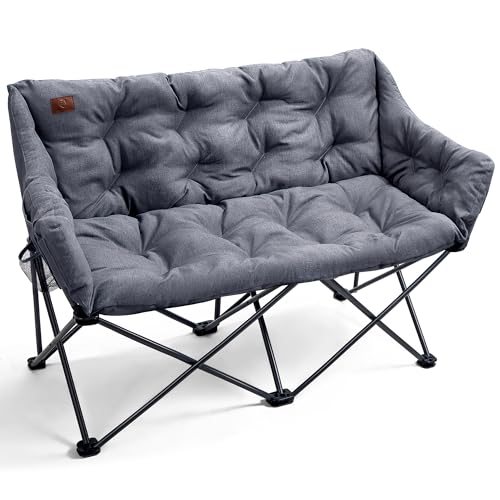EVER ADVANCED Camping Chair Double for Adults 6cm Padded 320kg Folding 2 Seater Sofa with Side Pocket Dining Garden Outdoor Heavy Duty Luxury Fishing Chair Portable Oversized Comfy Lightgrey