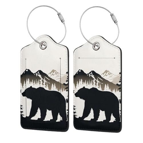 Bear and Mountain Leather Luggage Tag with Stainless Steel Ring, Fun Name Id Card Cover Travel Bag Tag Set, Suitable for Travel Bag Luggage Women Men 2 PCS