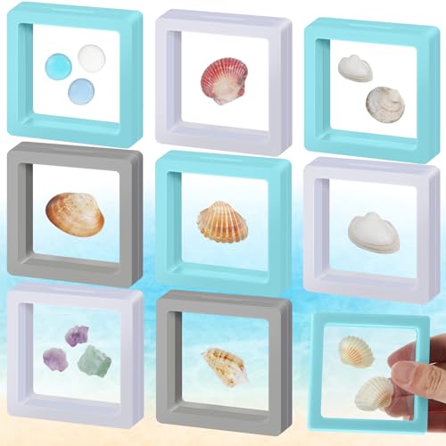 Juexica 9 Pcs Seashell Holder 3D Floating Display Box 2.7 x 2.7 Inches Transparent Display Shelf Cases for Sea Shell Collectibles, Crystal Rock, Diamonds, Jewelry, Badges Decoration(Multicolor)