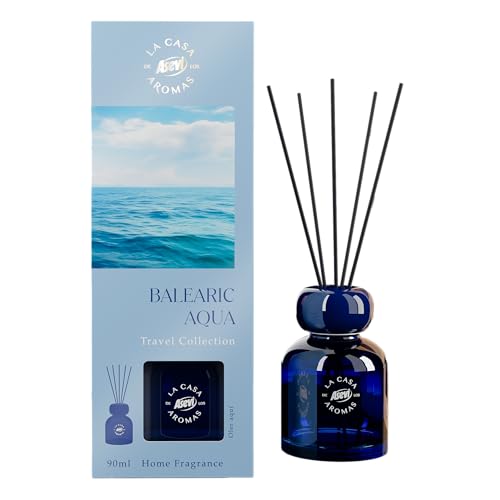 Asevi Ambientador Mikado Balearic - Travel Collection - Difusor de Varillas 90 ml - Inspirado en el Mediterráneo - Fragancia Sensorial y Duradera - Objeto Decorativo con Personalidad