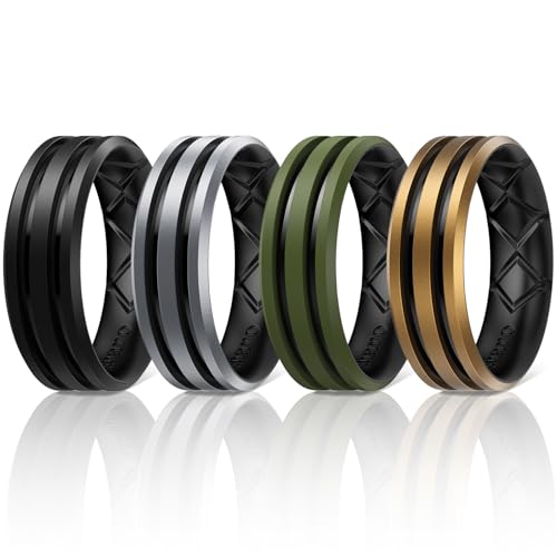 Egnaro Silicone Ring for Him with 2 Layers, Multicolor Rubber Wedding Bands with Air Flow Grooves-1/4/6/7 Variety Multipack