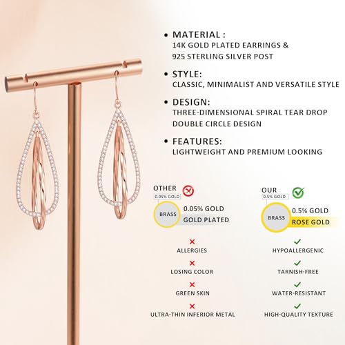 Sterling Silver Dangle Earrings for Women,14k Gold Plated Teardrop Earrings for Women Hypoallergenic Inlay 4A+ Cubic Zirconia,Sparkly Gold/Silver/Black/Rose Gold Rhinestone Earrings Gift for Women3