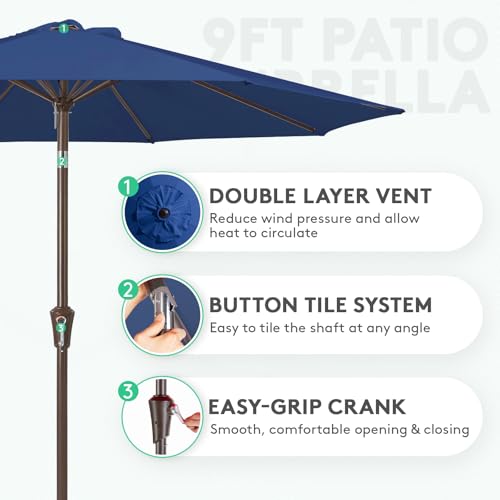 Image of JEAREY 9FT Outdoor Patio Umbrella Outdoor Table Umbrella with Push Button Tilt and Crank, Market Umbrella 8 Sturdy Ribs UV Protection Waterproof for Garden, Deck, Backyard, Pool (Dark Blue)