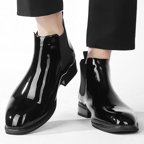 Men'S Patent Leather Chelsea Dress Boots Fashion Leather Waterproof Low Heel Elastic Band Slip On Ankle Boots Casual Business Formal Wedding Party Oxford Booties4