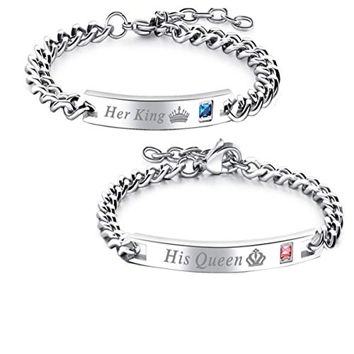 SXNK7 Gift for Lover His Queen Her King Stainless Steel Couple Bracelets for Women Men Jewelry Matching Set (His Queen Her King Style 2)