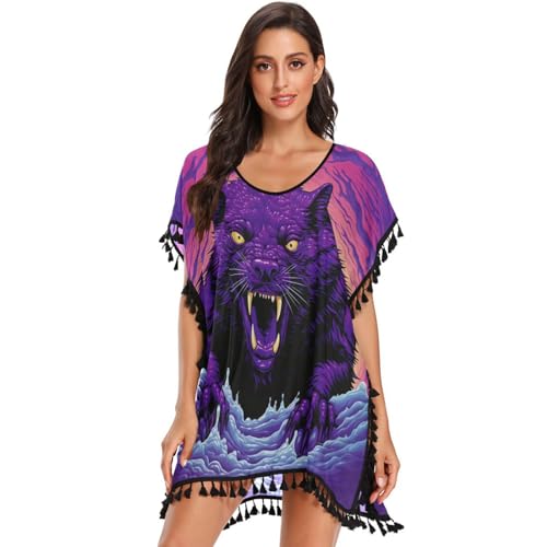 Devil Abstract Purple Cat Women's Beach Cover Up Chiffon Tassel Swimwear Swimsuit Coverups for Girl