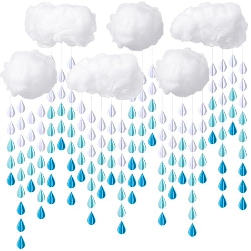 Amyhill 30 Pcs Artificial Cloud Raindrop Props 6 Pcs 3D Fake Clouds 24 Raindrop Garlands Room DIY Decorative Hanging Ornament Blue Hanging Rain Drops Decor for Baby Shower Birthday Wedding Party