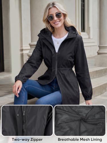 APEXUP Long Rain Jacket Women, Hooded Rain Coats Mesh Lined Windbreaker | Breathable Mesh Lining, Two-Way Zipper, Adjustable Waist, Water-Resistant Trench Coat, Outdoor Raincoat for Travel Daily Wear - image 6