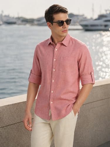 Image of Thomas Scott Men's | Solid | Premium Linen Blend | Spread Collar | Summer Wear | Long Sleeve | Shirts for Men