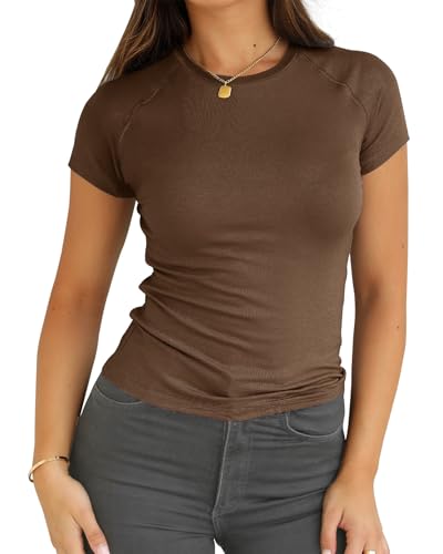 Abardsion Women Casual Raglan Sleeve Crewneck Slim T Shirts - 2026 Spring Summer Basic Activewear Going Out Tops(Brown, S)
